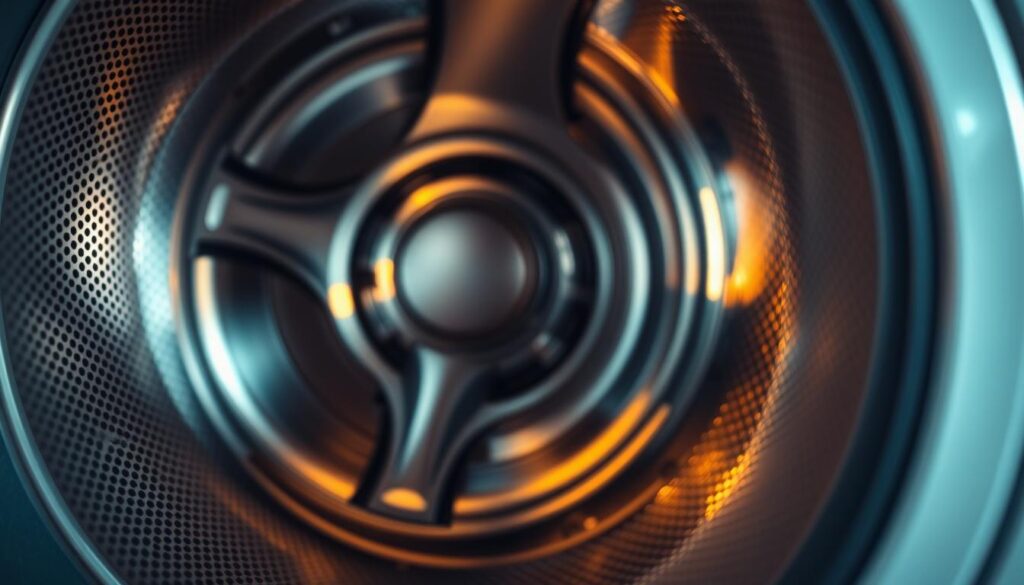 A close-up view of a washing machine drum, showcasing its intricate inner workings. The drum is positioned in the foreground, illuminated by a warm, soft light that accentuates its metallic texture and the intricate patterns of its perforations. In the middle ground, the drum's mechanics are visible, including the suspension rods and the motor assembly, all rendered in muted tones that complement the overall industrial aesthetic. The background is blurred, creating a sense of depth and focus on the central subject. The overall composition conveys a sense of technical precision and the complexity involved in repairing a washing machine drum. A close-up view of a washing machine drum, showcasing its intricate inner workings. The drum is positioned in the foreground, illuminated by a warm, soft light that accentuates its metallic texture and the intricate patterns of its perforations. In the middle ground, the drum's mechanics are visible, including the suspension rods and the motor assembly, all rendered in muted tones that complement the overall industrial aesthetic. The background is blurred, creating a sense of depth and focus on the central subject. The overall composition conveys a sense of technical precision and the complexity involved in repairing a washing machine drum.