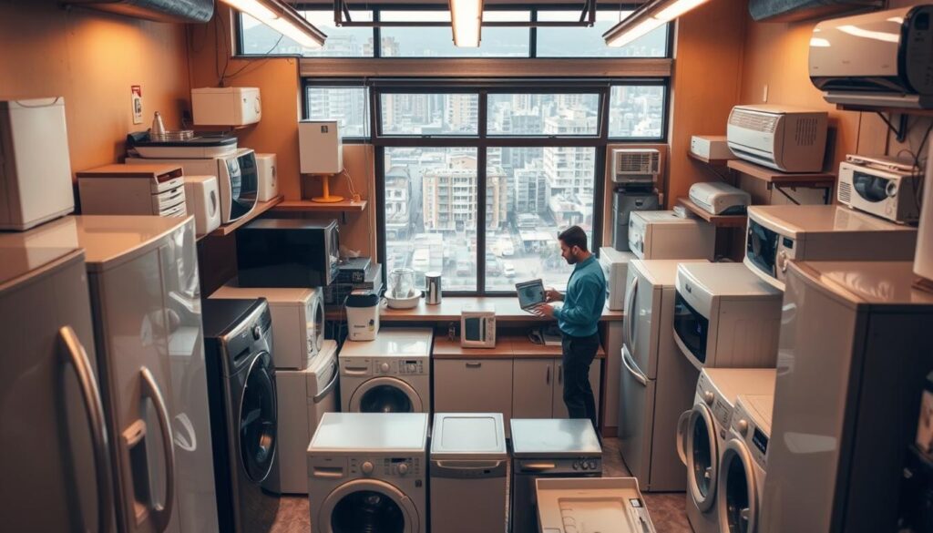 A detailed overhead view of a home appliance repair shop in a South African city, showcasing the factors that influence regional pricing. In the foreground, an assortment of common household appliances such as refrigerators, washing machines, and air conditioners are neatly arranged, representing the diverse range of repair services offered. The middle ground features a counter with a professional repair technician discussing pricing options with a customer, highlighting the personalized nature of the service. The background depicts the urban cityscape outside the shop windows, conveying a sense of the local economic and geographic context that shapes the repair industry. The lighting is warm and inviting, creating a welcoming atmosphere. The composition emphasizes the interconnectedness of the regional factors that contribute to appliance repair pricing in South Africa. A detailed overhead view of a home appliance repair shop in a South African city, showcasing the factors that influence regional pricing. In the foreground, an assortment of common household appliances such as refrigerators, washing machines, and air conditioners are neatly arranged, representing the diverse range of repair services offered. The middle ground features a counter with a professional repair technician discussing pricing options with a customer, highlighting the personalized nature of the service. The background depicts the urban cityscape outside the shop windows, conveying a sense of the local economic and geographic context that shapes the repair industry. The lighting is warm and inviting, creating a welcoming atmosphere. The composition emphasizes the interconnectedness of the regional factors that contribute to appliance repair pricing in South Africa.