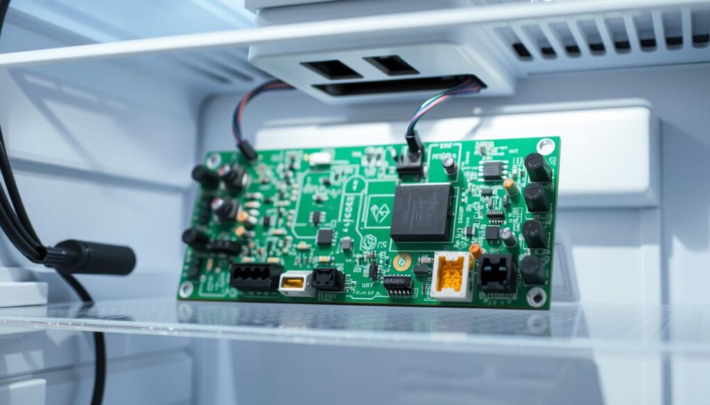 A detailed, technical close-up view of a refrigerator control board. The board is prominently displayed in the center of the frame, with various electronic components, circuit traces, and connectors visible. The lighting is bright and clear, casting subtle shadows that accentuate the textures and details of the board. The background is slightly blurred, suggesting a clean, professional workshop or repair setting. The overall mood is one of precision, functionality, and the intricate mechanics behind a common household appliance. A detailed, technical close-up view of a refrigerator control board. The board is prominently displayed in the center of the frame, with various electronic components, circuit traces, and connectors visible. The lighting is bright and clear, casting subtle shadows that accentuate the textures and details of the board. The background is slightly blurred, suggesting a clean, professional workshop or repair setting. The overall mood is one of precision, functionality, and the intricate mechanics behind a common household appliance.