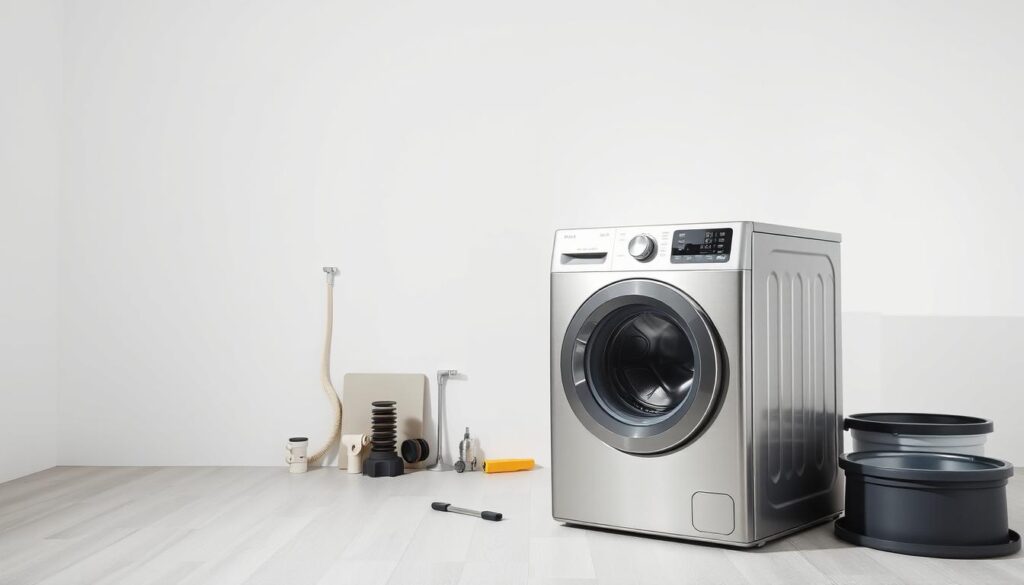 A minimalist, high-key photograph of the key factors that influence the cost of washing machine installation, shot with a wide-angle lens in a bright, airy studio setting. In the foreground, a modern, stainless steel washing machine stands prominently, its features clearly visible. In the middle ground, essential installation components are neatly arranged, such as plumbing fittings, electrical outlets, and leveling tools. The background features a clean, white backdrop, allowing the subject to take center stage. The lighting is soft and diffused, creating a sense of clarity and highlighting the technical details. The overall composition conveys a sense of order and professionalism, reflecting the various considerations that impact the final installation cost. A minimalist, high-key photograph of the key factors that influence the cost of washing machine installation, shot with a wide-angle lens in a bright, airy studio setting. In the foreground, a modern, stainless steel washing machine stands prominently, its features clearly visible. In the middle ground, essential installation components are neatly arranged, such as plumbing fittings, electrical outlets, and leveling tools. The background features a clean, white backdrop, allowing the subject to take center stage. The lighting is soft and diffused, creating a sense of clarity and highlighting the technical details. The overall composition conveys a sense of order and professionalism, reflecting the various considerations that impact the final installation cost.