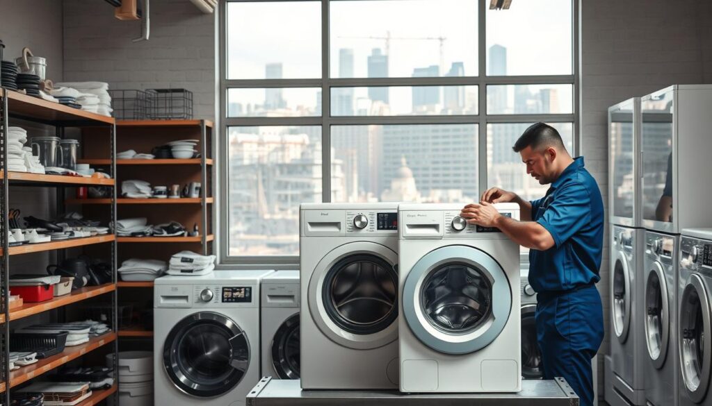 A modern, well-lit interior of a washing machine repair shop in Gauteng, South Africa. In the foreground, a skilled technician in a blue uniform is carefully examining the inner workings of a front-loading washing machine on a repair bench. Shelves in the middle ground display an assortment of replacement parts and tools. The background features a large window showcasing the bustling city skyline of Johannesburg. The overall scene conveys a sense of professionalism, efficiency, and the high-quality services offered by this local repair business. A modern, well-lit interior of a washing machine repair shop in Gauteng, South Africa. In the foreground, a skilled technician in a blue uniform is carefully examining the inner workings of a front-loading washing machine on a repair bench. Shelves in the middle ground display an assortment of replacement parts and tools. The background features a large window showcasing the bustling city skyline of Johannesburg. The overall scene conveys a sense of professionalism, efficiency, and the high-quality services offered by this local repair business.