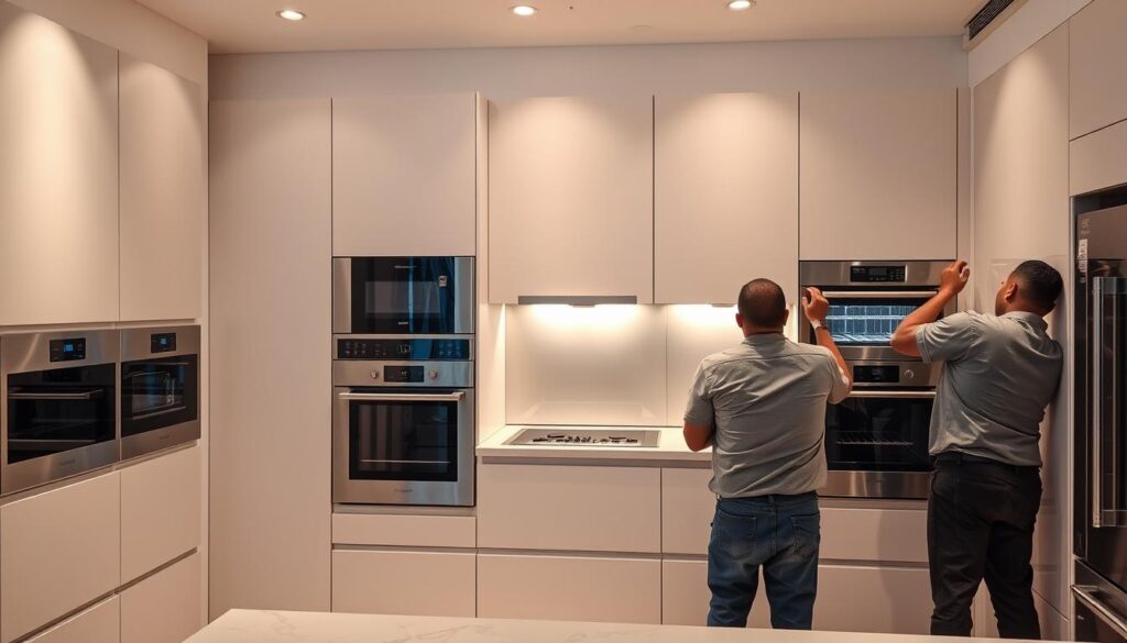 A modern, well-lit kitchen interior with an array of sleek, integrated appliances being installed by a team of skilled technicians in Johannesburg's prestigious Sandton neighborhood. The scene captures the seamless integration of high-end appliances into a luxurious, contemporary design, showcasing the exceptional attention to detail and professional expertise required for such an installation. Soft, diffused lighting illuminates the space, creating a warm, inviting atmosphere that reflects the premium quality of the appliances and the expertise of the installation team. A modern, well-lit kitchen interior with an array of sleek, integrated appliances being installed by a team of skilled technicians in Johannesburg's prestigious Sandton neighborhood. The scene captures the seamless integration of high-end appliances into a luxurious, contemporary design, showcasing the exceptional attention to detail and professional expertise required for such an installation. Soft, diffused lighting illuminates the space, creating a warm, inviting atmosphere that reflects the premium quality of the appliances and the expertise of the installation team.