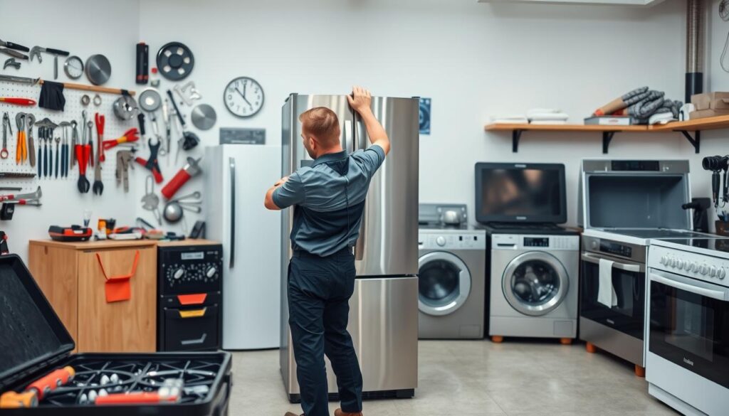 A neatly organized workshop with an array of professional tools and equipment, including a toolbox, wrench, pliers, and screwdrivers. In the foreground, a technician in a crisp uniform carefully installs a sleek, modern refrigerator, ensuring a perfect fit and seamless integration. The middle ground showcases various household appliances, such as a dishwasher, washing machine, and oven, all awaiting expert installation. The background features a clean, well-lit environment with a neutral color palette, conveying a sense of efficiency and reliability. The overall scene exudes a high level of expertise, attention to detail, and customer-centric service. A neatly organized workshop with an array of professional tools and equipment, including a toolbox, wrench, pliers, and screwdrivers. In the foreground, a technician in a crisp uniform carefully installs a sleek, modern refrigerator, ensuring a perfect fit and seamless integration. The middle ground showcases various household appliances, such as a dishwasher, washing machine, and oven, all awaiting expert installation. The background features a clean, well-lit environment with a neutral color palette, conveying a sense of efficiency and reliability. The overall scene exudes a high level of expertise, attention to detail, and customer-centric service.