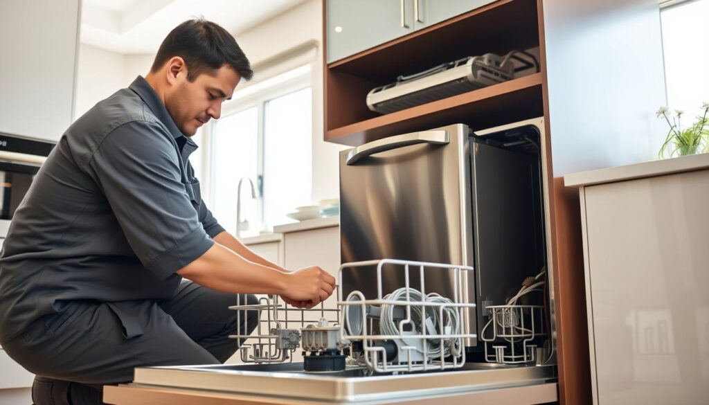 A professional dishwasher installation service in a modern kitchen. In the foreground, a skilled technician in a uniform carefully connects the dishwasher to the plumbing and electrical systems, ensuring a secure and functional installation. The middle ground features the new dishwasher, gleaming with a stainless steel finish, seamlessly integrated into the kitchen cabinetry. In the background, the kitchen is well-lit, with natural light streaming in through large windows, creating a bright and inviting atmosphere. The overall scene conveys a sense of expertise, efficiency, and attention to detail in the professional installation process. A professional dishwasher installation service in a modern kitchen. In the foreground, a skilled technician in a uniform carefully connects the dishwasher to the plumbing and electrical systems, ensuring a secure and functional installation. The middle ground features the new dishwasher, gleaming with a stainless steel finish, seamlessly integrated into the kitchen cabinetry. In the background, the kitchen is well-lit, with natural light streaming in through large windows, creating a bright and inviting atmosphere. The overall scene conveys a sense of expertise, efficiency, and attention to detail in the professional installation process.