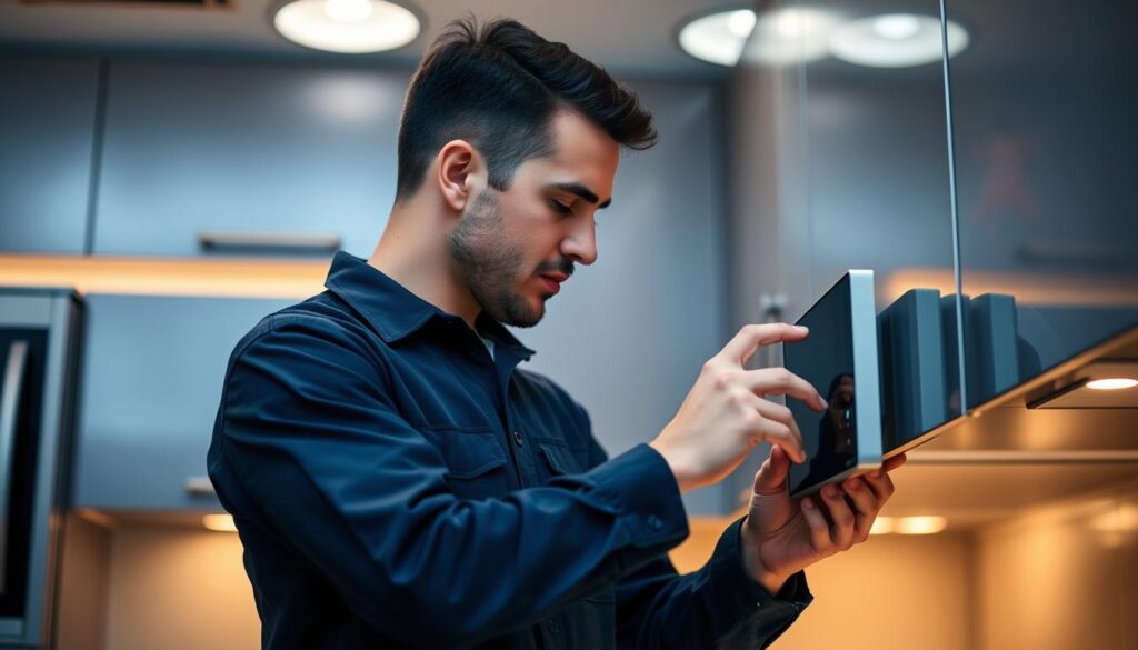 A skilled smart appliance setup technician, clad in a navy blue uniform, intently installs a sleek kitchen device against a backdrop of modern, minimalist cabinetry. Soft, diffused lighting from overhead fixtures casts a warm glow, creating a professional and inviting atmosphere. The technician's focused expression and precise movements convey their expertise, while the neatly organized tools at their side suggest a methodical approach. The scene captures the essence of the "Understanding Our Smart Appliance Setup Services" section, showcasing the care and attention to detail that customers can expect from this service. A skilled smart appliance setup technician, clad in a navy blue uniform, intently installs a sleek kitchen device against a backdrop of modern, minimalist cabinetry. Soft, diffused lighting from overhead fixtures casts a warm glow, creating a professional and inviting atmosphere. The technician's focused expression and precise movements convey their expertise, while the neatly organized tools at their side suggest a methodical approach. The scene captures the essence of the "Understanding Our Smart Appliance Setup Services" section, showcasing the care and attention to detail that customers can expect from this service.