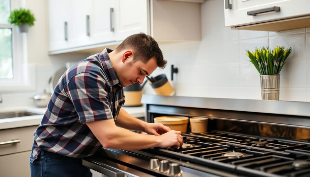 A well-lit, detailed still life image showcasing the key factors that influence the cost of stove repair. In the foreground, an open stove panel reveals the intricate inner workings - wires, sensors, and mechanical components. The middle ground features a selection of common replacement parts like knobs, heating elements, and thermostats, highlighting their varying prices. In the background, a spreadsheet or repair estimate document outlines the labor rates, service fees, and other variables that contribute to the overall repair cost. The scene conveys a sense of technical precision and the complexity involved in stove maintenance and repair. A well-lit, detailed still life image showcasing the key factors that influence the cost of stove repair. In the foreground, an open stove panel reveals the intricate inner workings - wires, sensors, and mechanical components. The middle ground features a selection of common replacement parts like knobs, heating elements, and thermostats, highlighting their varying prices. In the background, a spreadsheet or repair estimate document outlines the labor rates, service fees, and other variables that contribute to the overall repair cost. The scene conveys a sense of technical precision and the complexity involved in stove maintenance and repair.