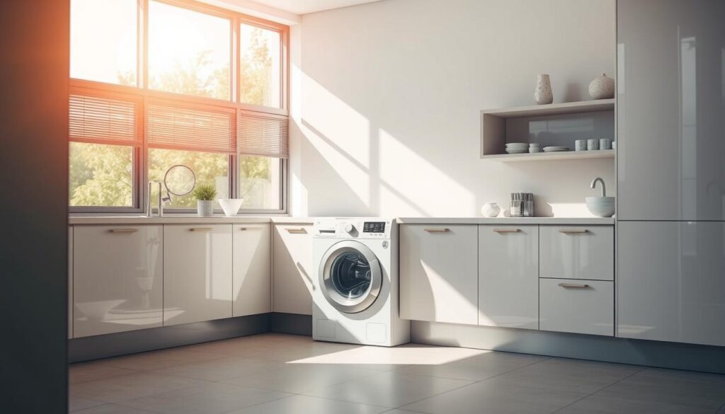 Washing machine installation cost in Johannesburg, South Africa. A modern, well-lit kitchen interior with a washing machine neatly installed in the corner. The machine is surrounded by sleek, minimalist cabinetry and countertops, creating a clean, streamlined look. Sunlight filters in through large windows, casting a warm, natural glow over the scene. The room is spacious and uncluttered, with a tiled floor and subtle accent pieces that complement the overall design. The installation appears professional and seamless, showcasing the high-quality workmanship and attention to detail required for this type of home improvement project. Washing machine installation cost in Johannesburg, South Africa. A modern, well-lit kitchen interior with a washing machine neatly installed in the corner. The machine is surrounded by sleek, minimalist cabinetry and countertops, creating a clean, streamlined look. Sunlight filters in through large windows, casting a warm, natural glow over the scene. The room is spacious and uncluttered, with a tiled floor and subtle accent pieces that complement the overall design. The installation appears professional and seamless, showcasing the high-quality workmanship and attention to detail required for this type of home improvement project.